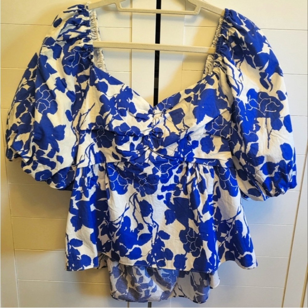 Tuckernuck Hyacinth House Blue Floral Fiori Puff Sleeve Blouse NWT XL